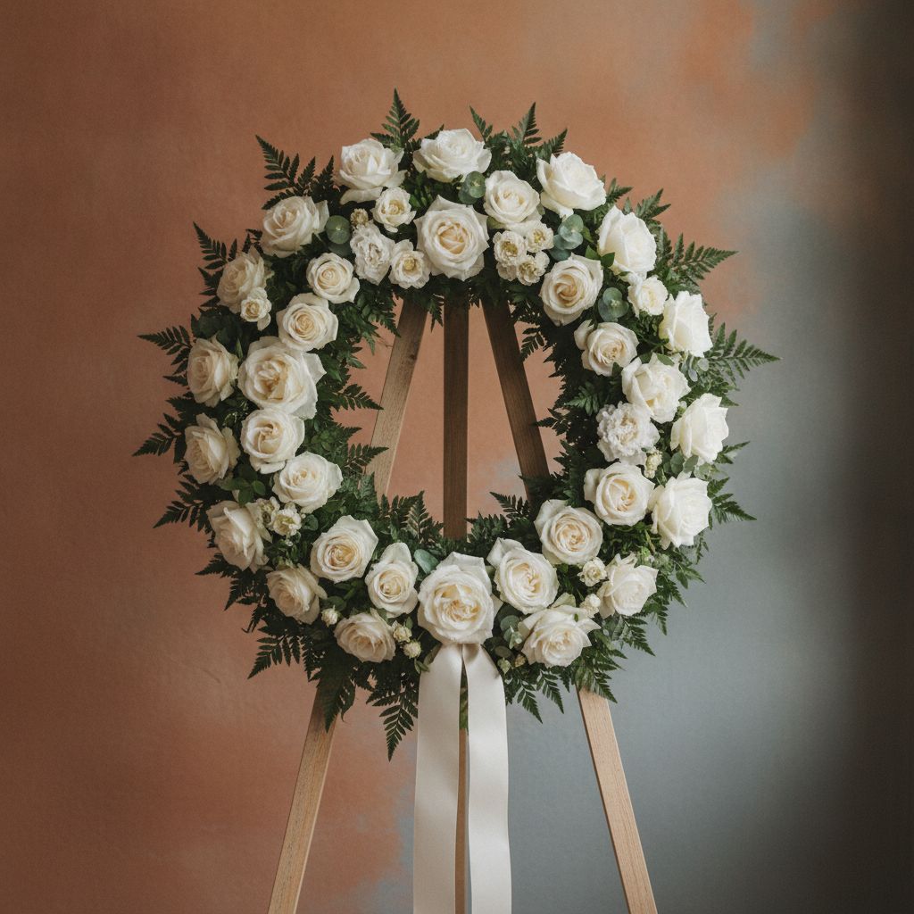 Coroa oval de rosas brancas e creme em cavalete de madeira escura