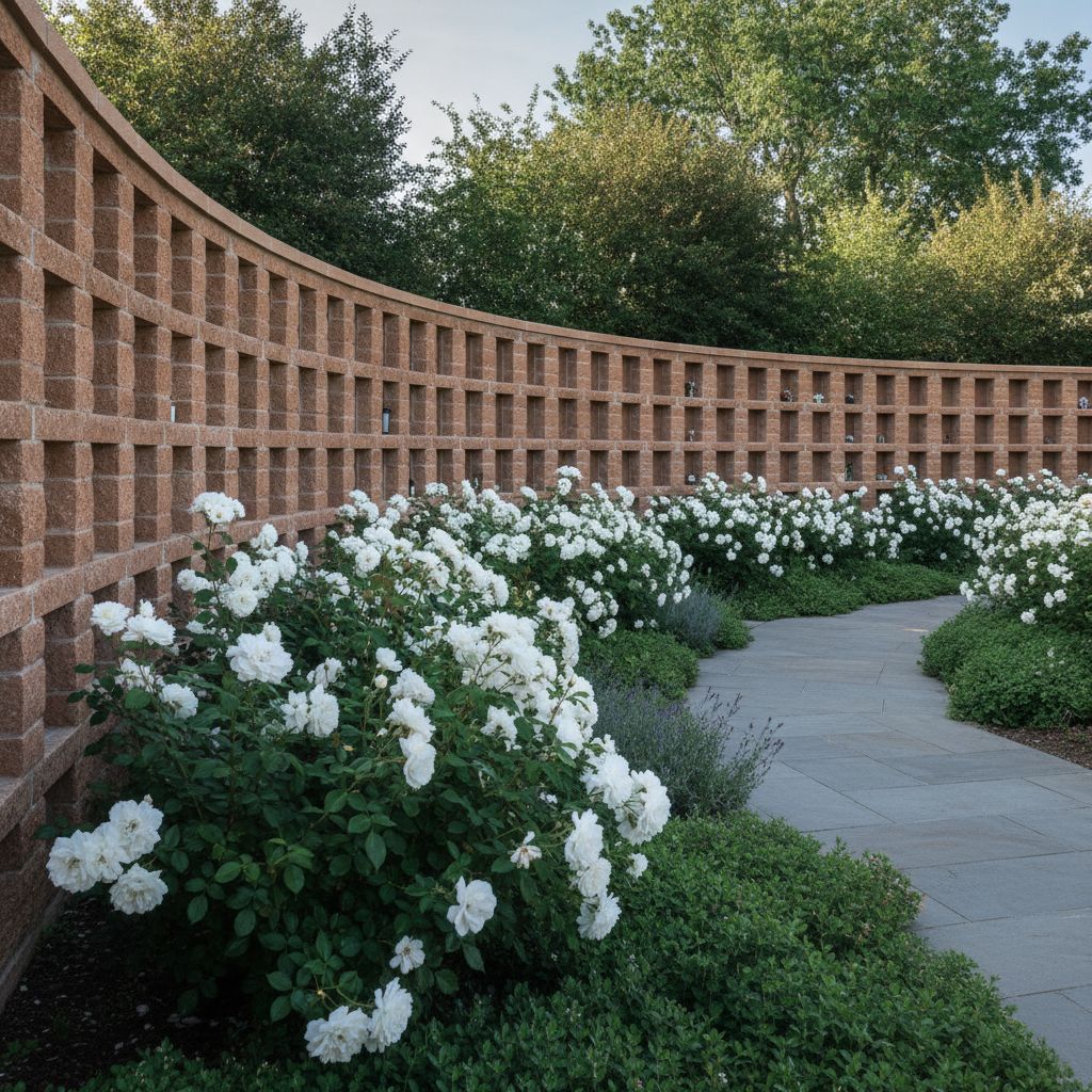 Jardim memorial moderno com muro de nichos em tom terracota e rosas brancas