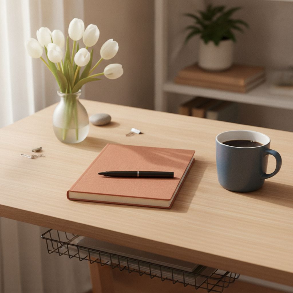 Mesa de escritório com caderno terracota fechado, caneta e café ao lado de tulipas brancas