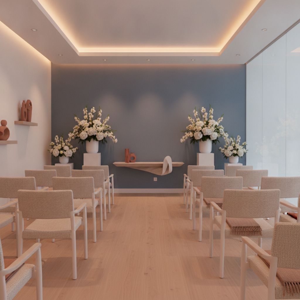 Sala de despedida contemporânea com cadeiras claras e flores brancas
