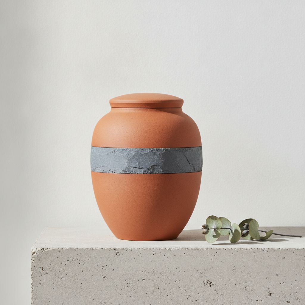 Urna de cerâmica terracota com faixa cinza-azulada sobre concreto claro